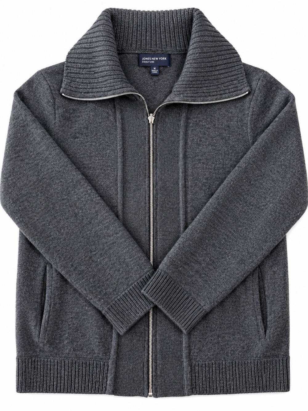Jones New York Men's Dark Gray Full-Zip Ribbed Collar Sweater
